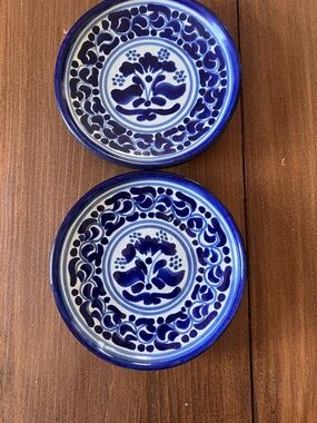 2 Vtg Casa Rugerio Floral Talavera Side Plates Blue White Puebla Mexico